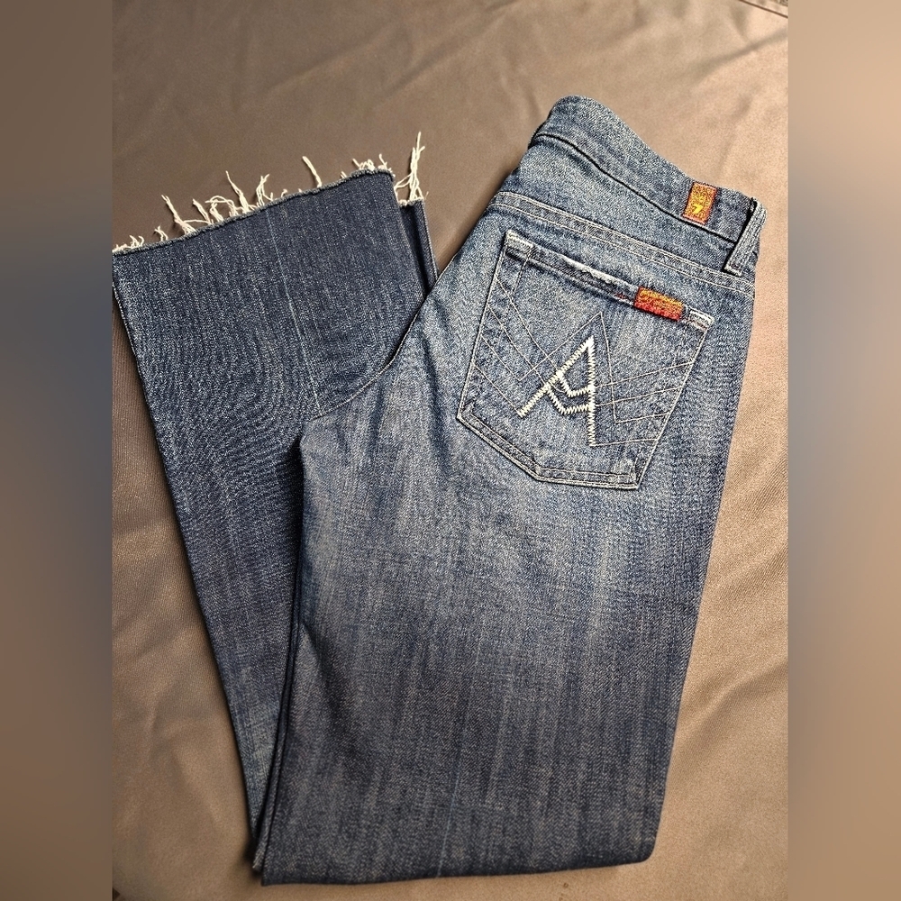 Women's 7 For All Mankind A Pocket Y2K Flare Blue Denim Jeans Size 27 Raw Hem